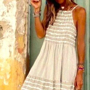 STRIPED DAILY STREETWEAR M & XL GREY BROWN MID WAIST SWING MAXI DRESS